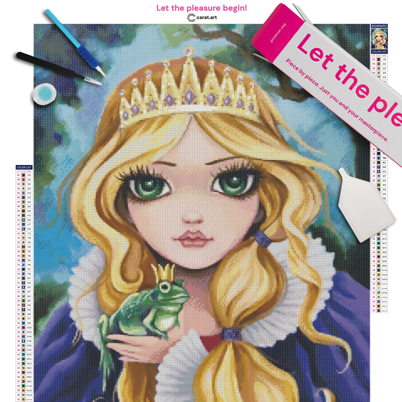 Diamond Painting Set mit kleiner blonder Prinzessin mit Diadem und blauem Umhang, die den Froschkönig auf ihrer Hand hält, inklusive Leinwand, Carat Art Karton und hochwertigem Zubehör
