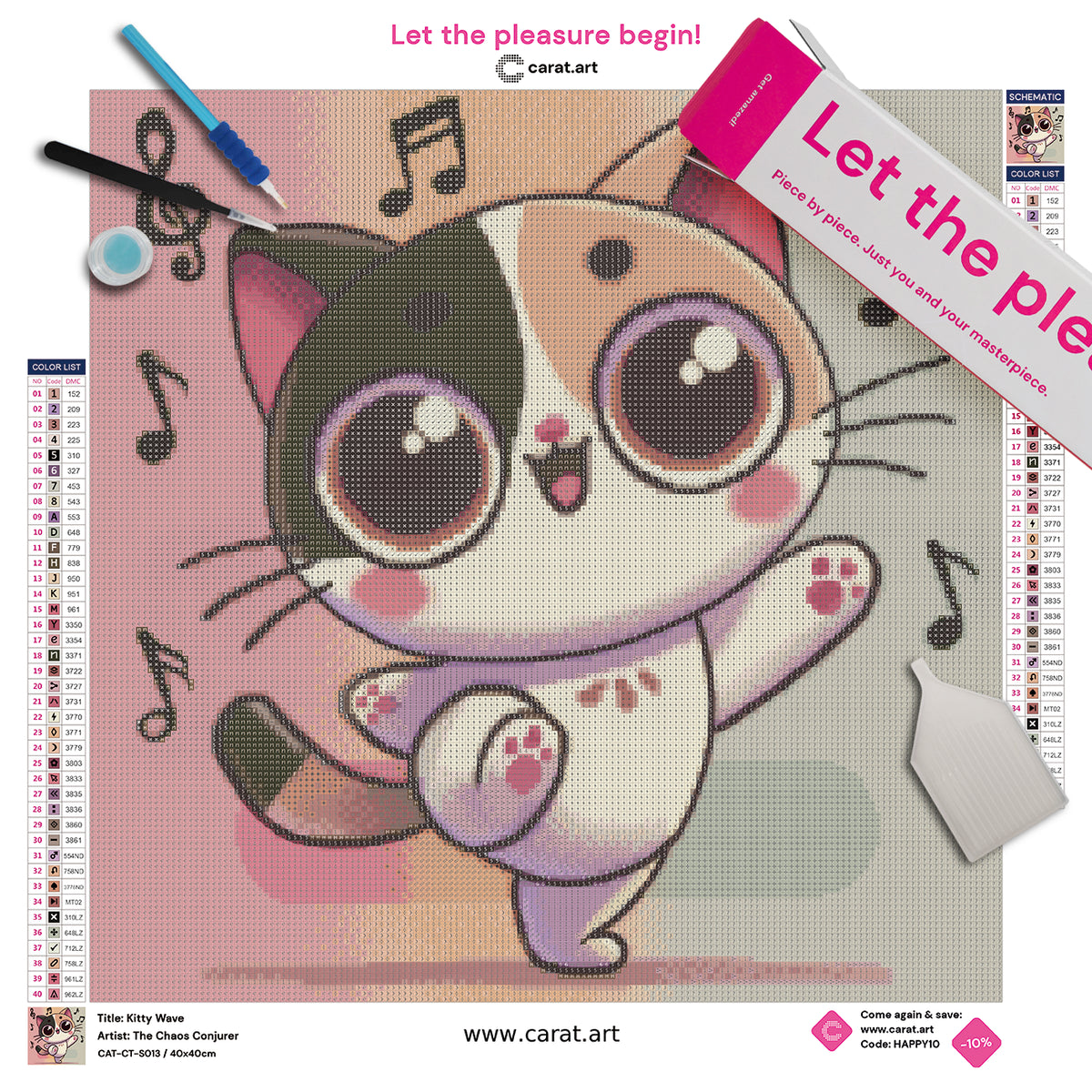 Diamond Painting Komplett-Set mit kleinem Kätzchen und schwebenden Musiknoten inklusive Leinwand, Carat Art Karton und Diamond Painting Werkzeug