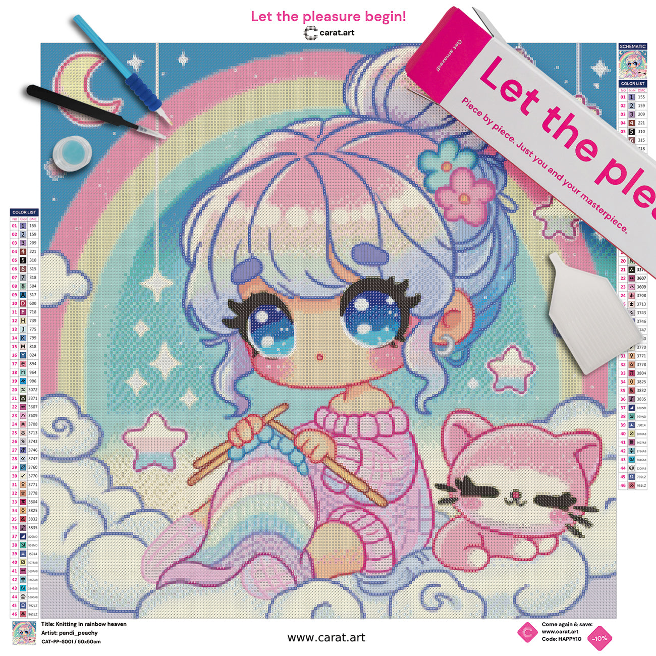 Premium Diamond Painting Set mit Mädchen auf Wolke, Regenbogen und rosa Katze, Leinwand und hochwertigem Zubehör