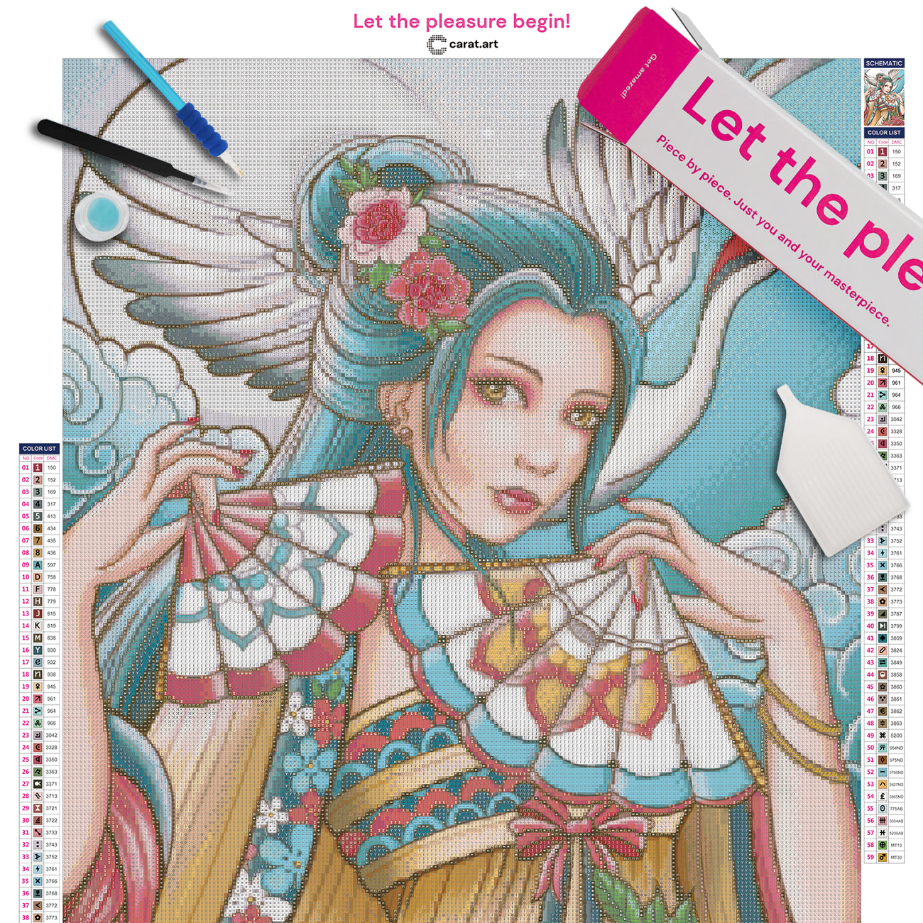 Diamond Painting Set mit asiatischer Schönheit im Kimono, Blumen im Haar und Fächern, begleitet von einem fliegenden Kranich vor einem Vollmond inklusive Leinwand, Carat Art Karton und hochwertigem Zubehör