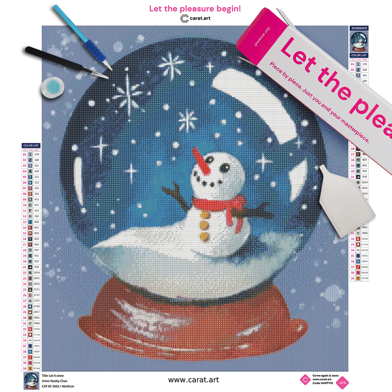 Diamond Painting Set mit Schneemann in einer Schneekugel, funkelnden Schneeflocken und Sternen sowie dekorativer Holzbasis inklusive Leinwand, Carat Art Karton und hochwertigem Zubehör