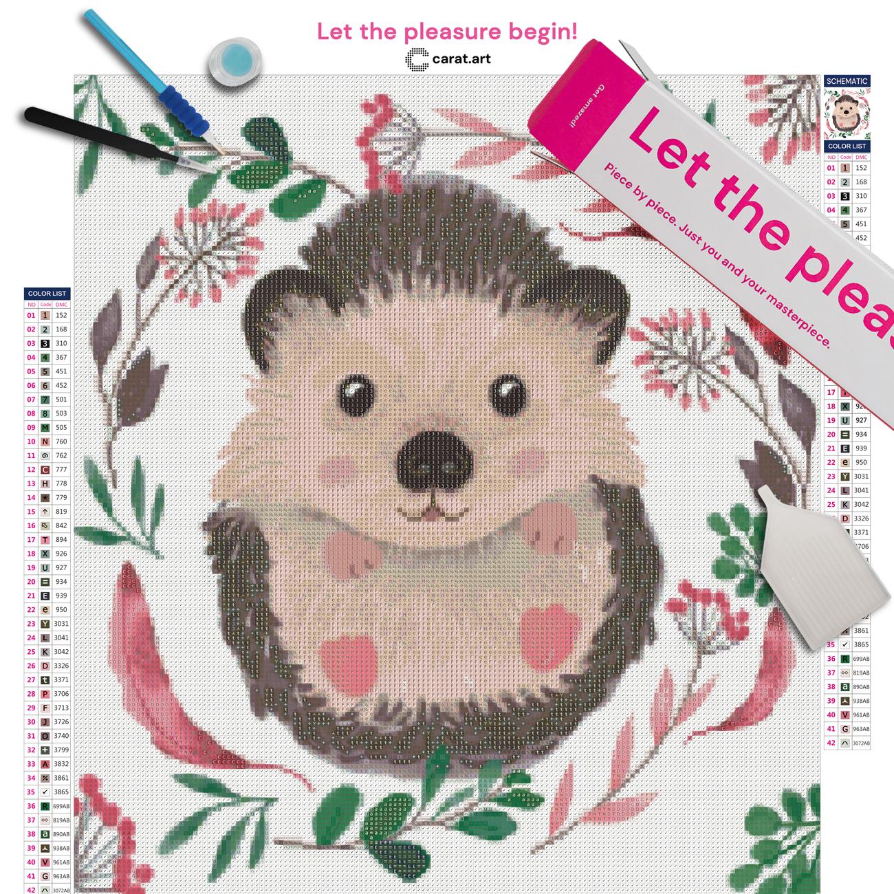Diamond Painting Set mit kleinem Igel und floralen Elementen inklusive Leinwand, Carat Art Karton und hochwertigem Zubehör