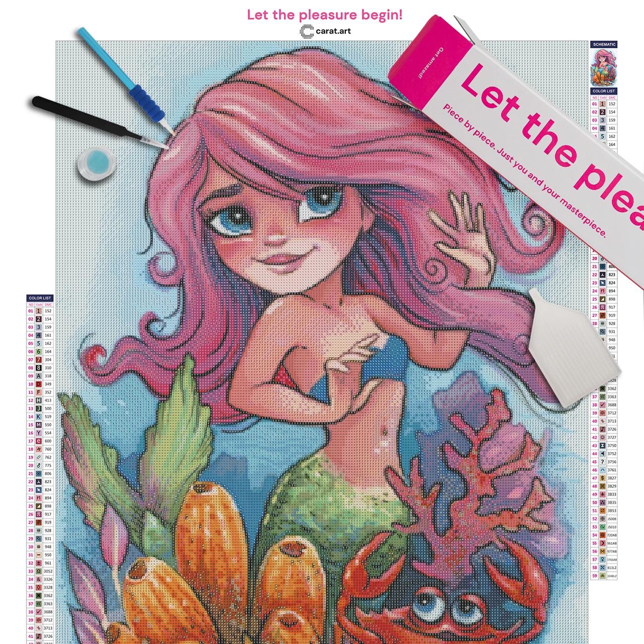 Diamond Painting Set mit kleiner Meerjungfrau, Krabbe und farbenfroher Unterwasserwelt inklusive Leinwand, Carat Art Karton und hochwertigem Zubehör