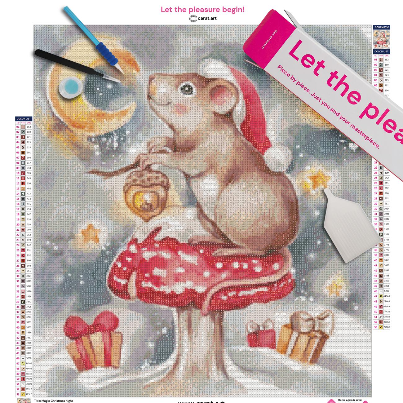 Diamond Painting Set mit kleiner Weihnachtsmaus, Laterne, roter Weihnachtsmütze und Fliegenpilz in winterlicher Nachtkulisse inklusive Leinwand, Carat Art Karton und hochwertigem Zubehör