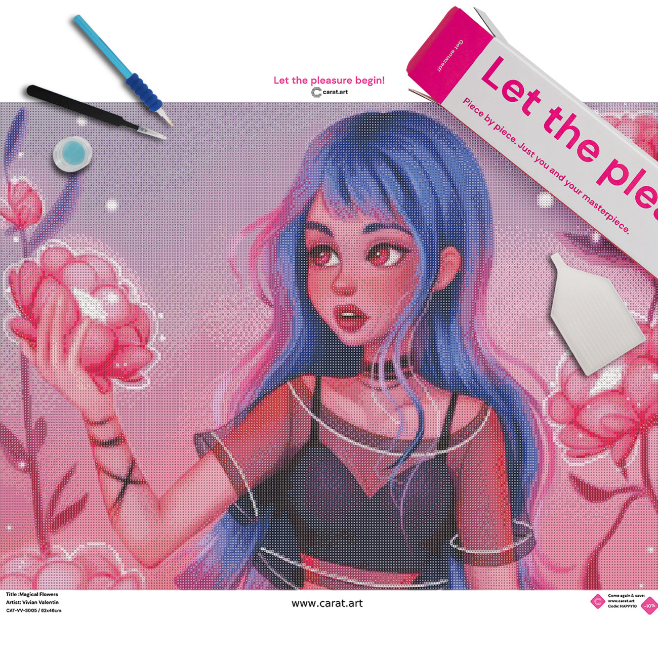 Premium Diamond Painting Set mit Mädchen und rosa Blumen, Leinwand und hochwertigem Zubehör