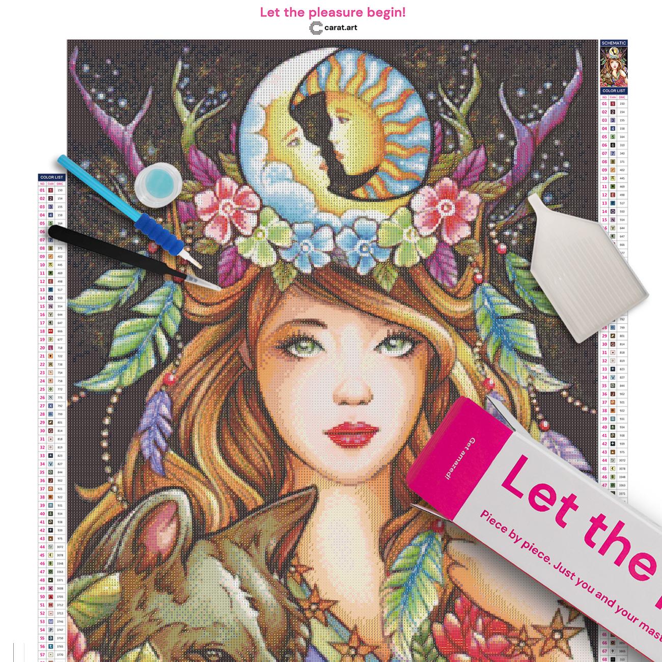 Diamond Painting Set mit Mädchen, Geweih und Wolfshund inklusive Leinwand, Carat Art Karton und hochwertigem Zubehör