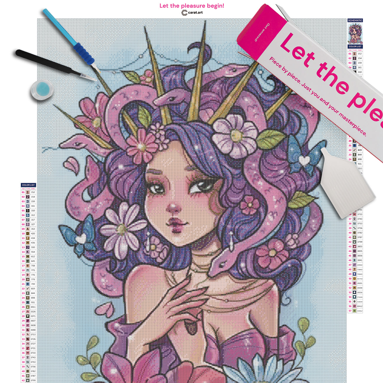 Diamond Painting Set mit Medusa, Schlangen und floralen Elementen inklusive Leinwand, Carat Art Karton und Zubehör
