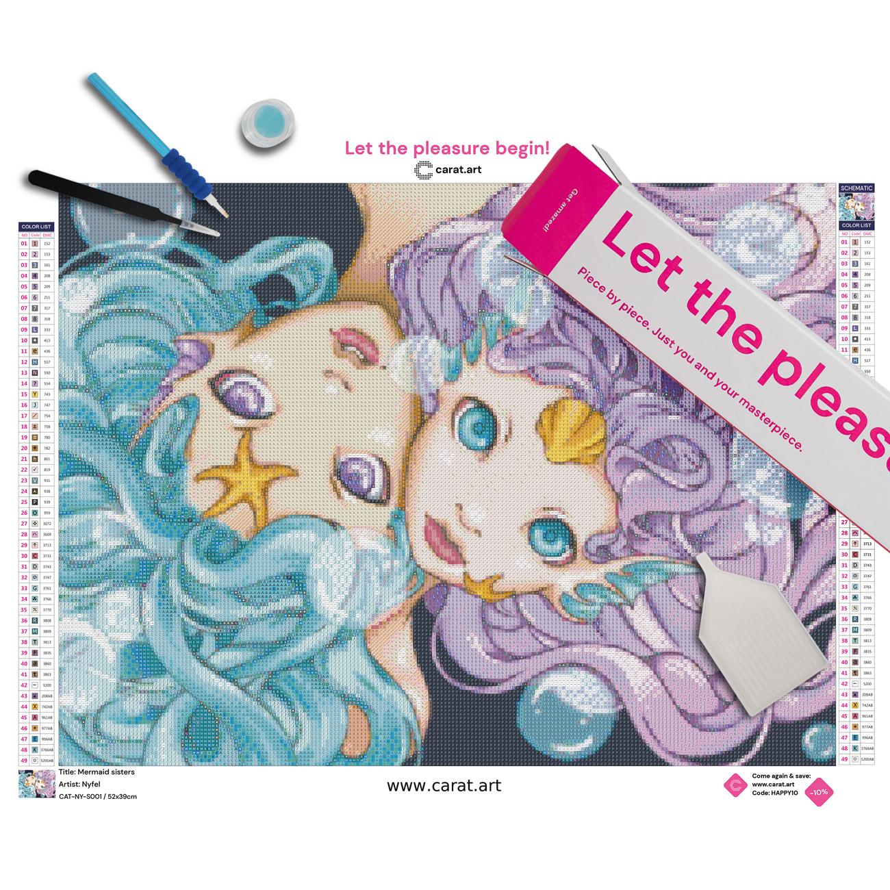Diamond Painting Set mit Mermaid Sisters Fantasy Motiv inklusive Leinwand, Carat Art Karton und hochwertigem Zubehör