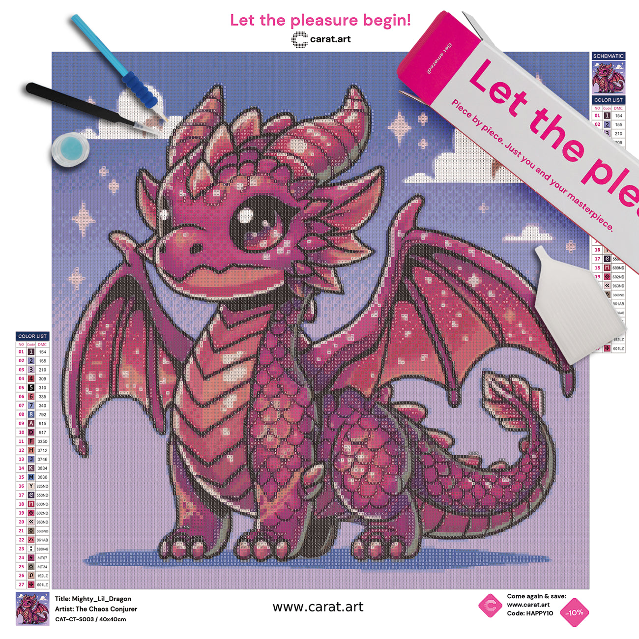 Diamond Painting Set mit kleinem weinrotem Drachen, detaillierten Schuppen, Hörnern und Flügeln vor blauem Himmel mit weißen Wölkchen inklusive Leinwand, Carat Art Karton und hochwertigem Zubehör