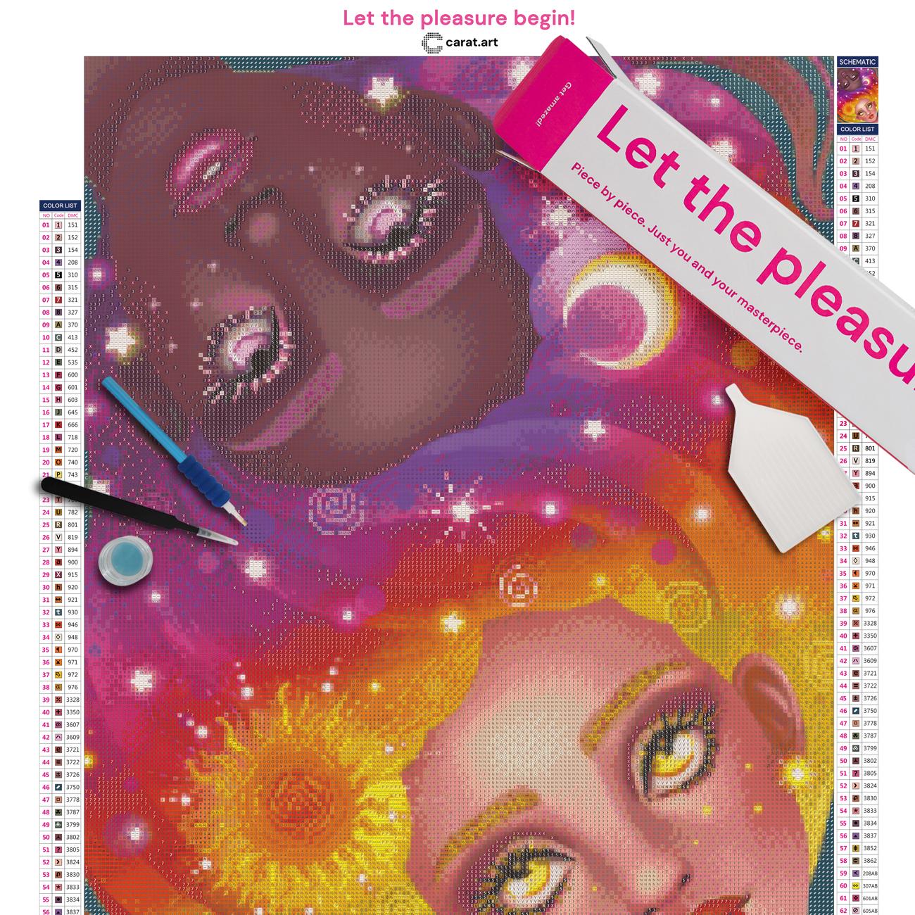 Diamond Painting Set mit Mond- und Sonnensymbol, zwei kontrastreichen Gesichtern und ineinander übergehenden Haaren inklusive Leinwand, Carat Art Karton und hochwertigem Zubehör