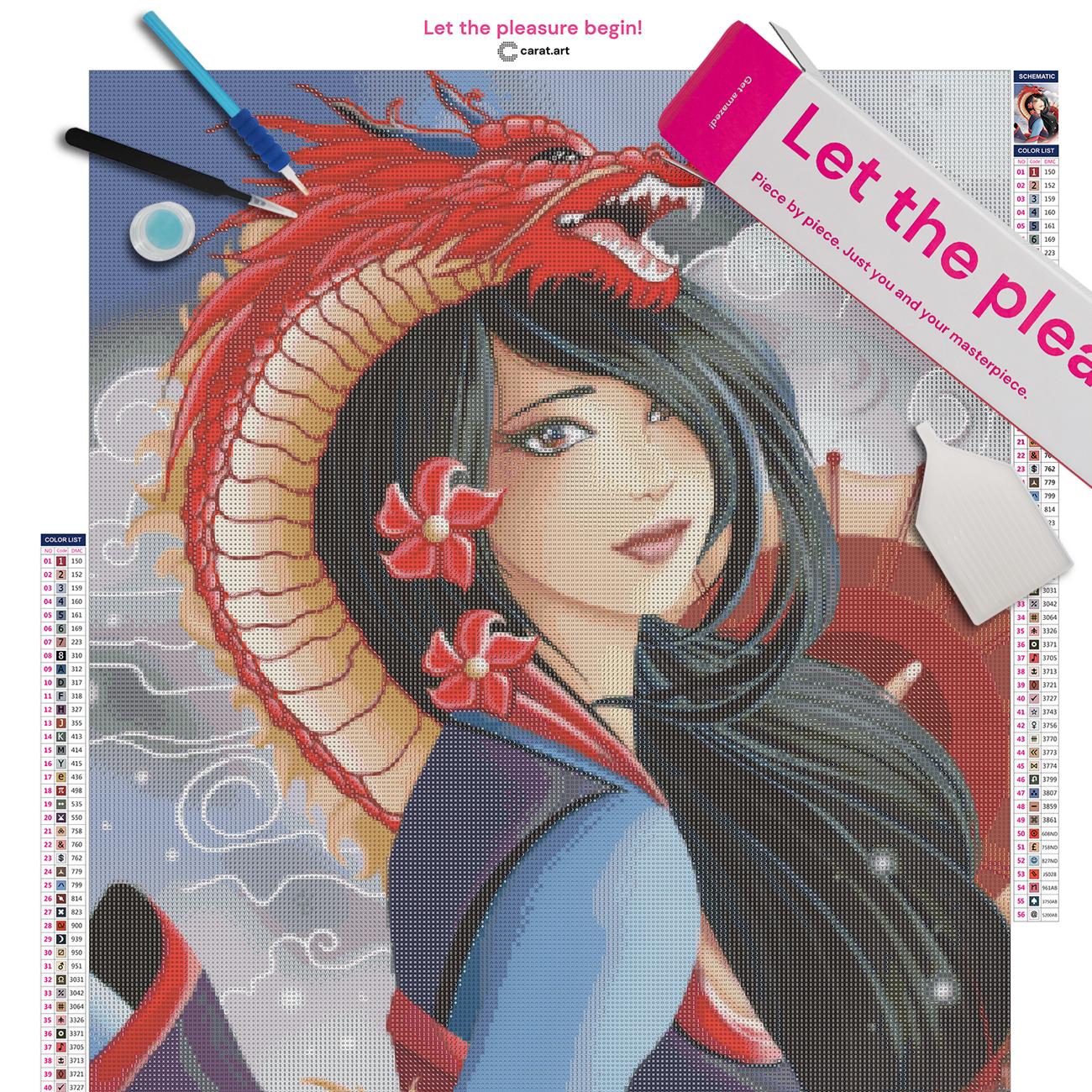 Diamond Painting Set mit Mulan Motiv und rotem Drachen inklusive Leinwand, Carat Art Karton und hochwertigem Zubehör