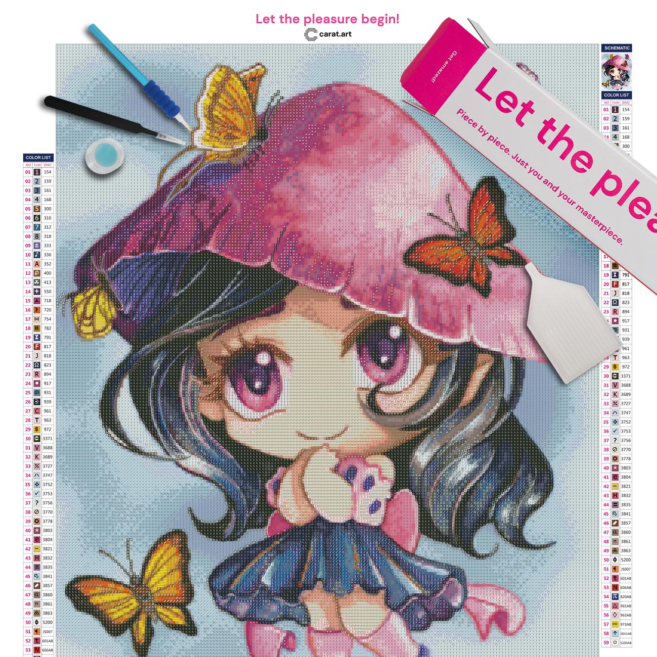 Premium Diamond Painting Set mit kleiner Chibi Figur und Schmetterlingen inklusive Leinwand, Carat Art Karton und hochwertigem Zubehör