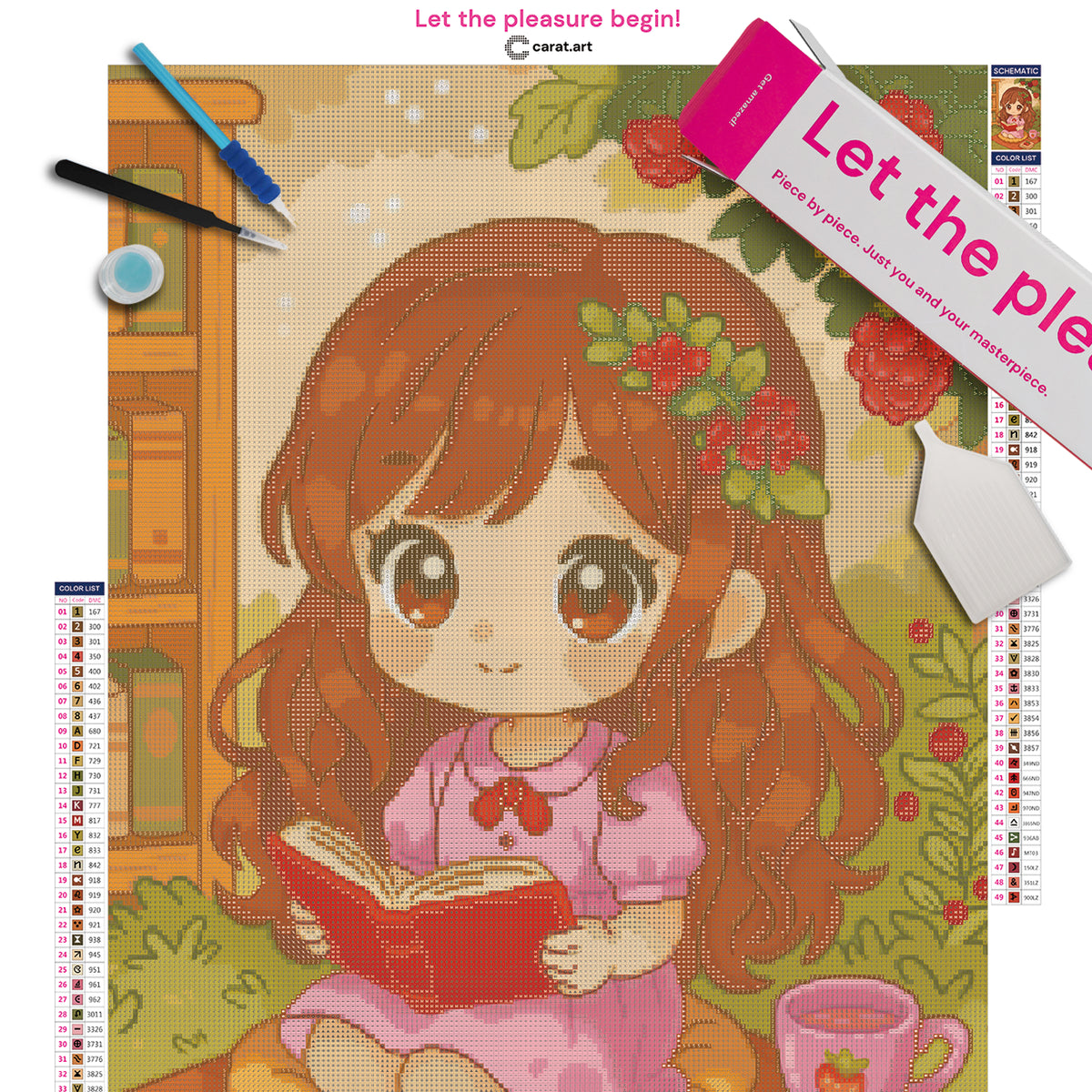 Diamond Painting Set mit lesendem Mädchen im rosa Kleid, Beerenbüschen, Picknickdecke und Tasse Erdbeertee inklusive Leinwand, Diamond Painting Zubehör und Carat Art Box