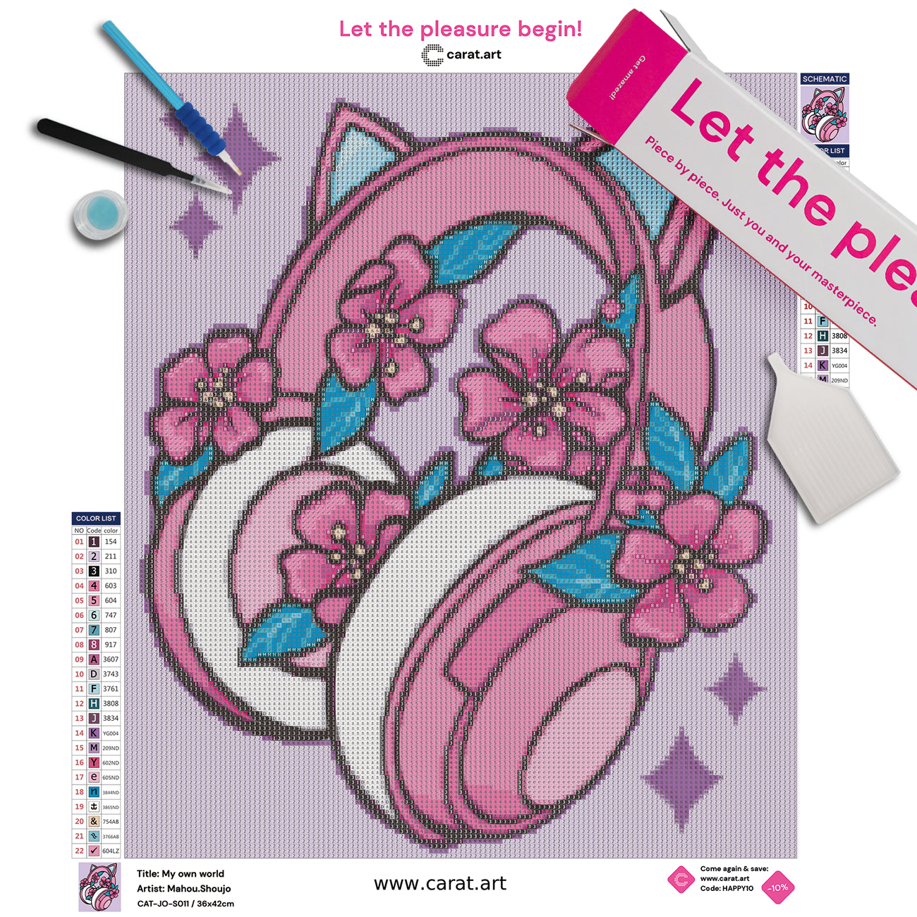 Diamond Painting Set mit Kawaii Kopfhörer Motiv inklusive Leinwand, Carat Art Karton und hochwertigem Zubehör