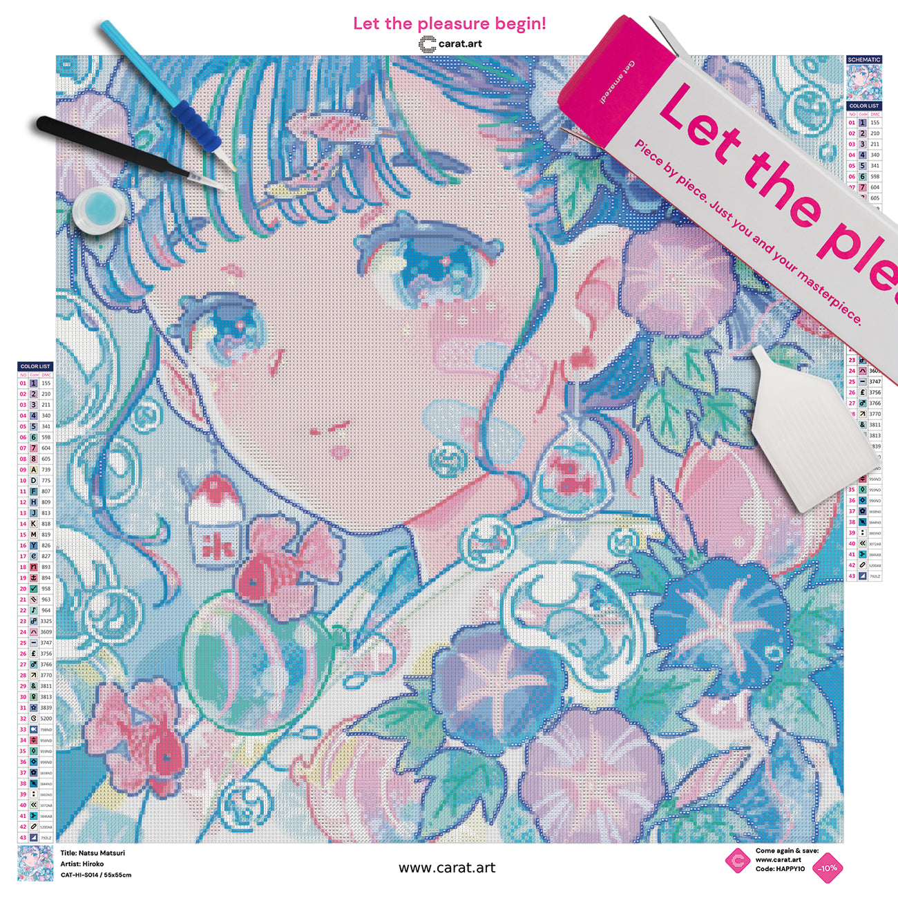 Premium Diamond Painting Set mit Mädchenportrait, farbenfrohen Blüten und Goldfischen im japanisch inspirierten Natsu-Matsuri-Stil inklusive Leinwand, Diamond Painting Zubehör und Carat Art Box