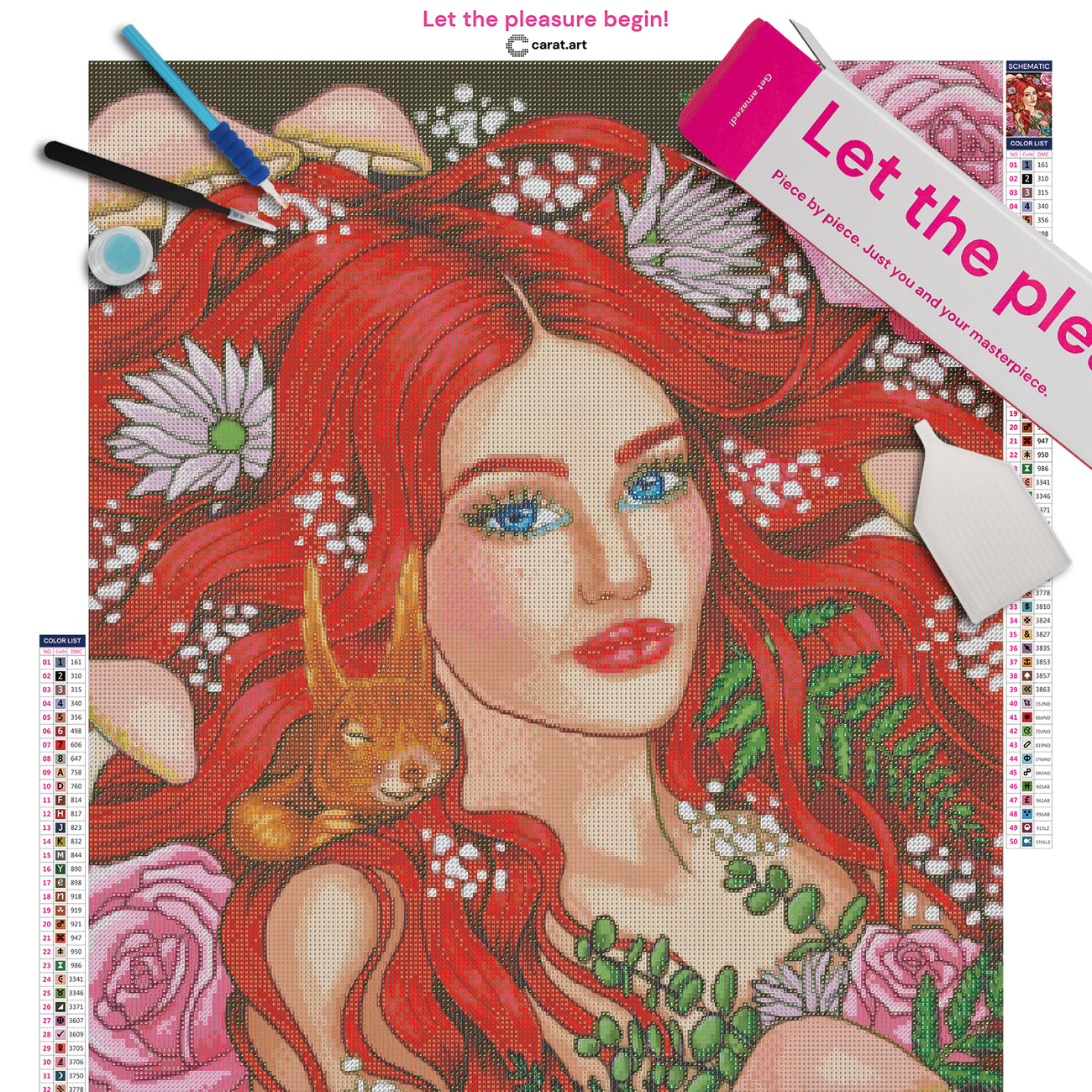 Premium Diamond Painting Set mit rothaarigem Mädchen, Blumen, Pilzen, blauem Schmetterling und kleinem Eichhörnchen im verwunschenen Wald inklusive Leinwand, Diamond Painting Zubehör und Carat Art Box