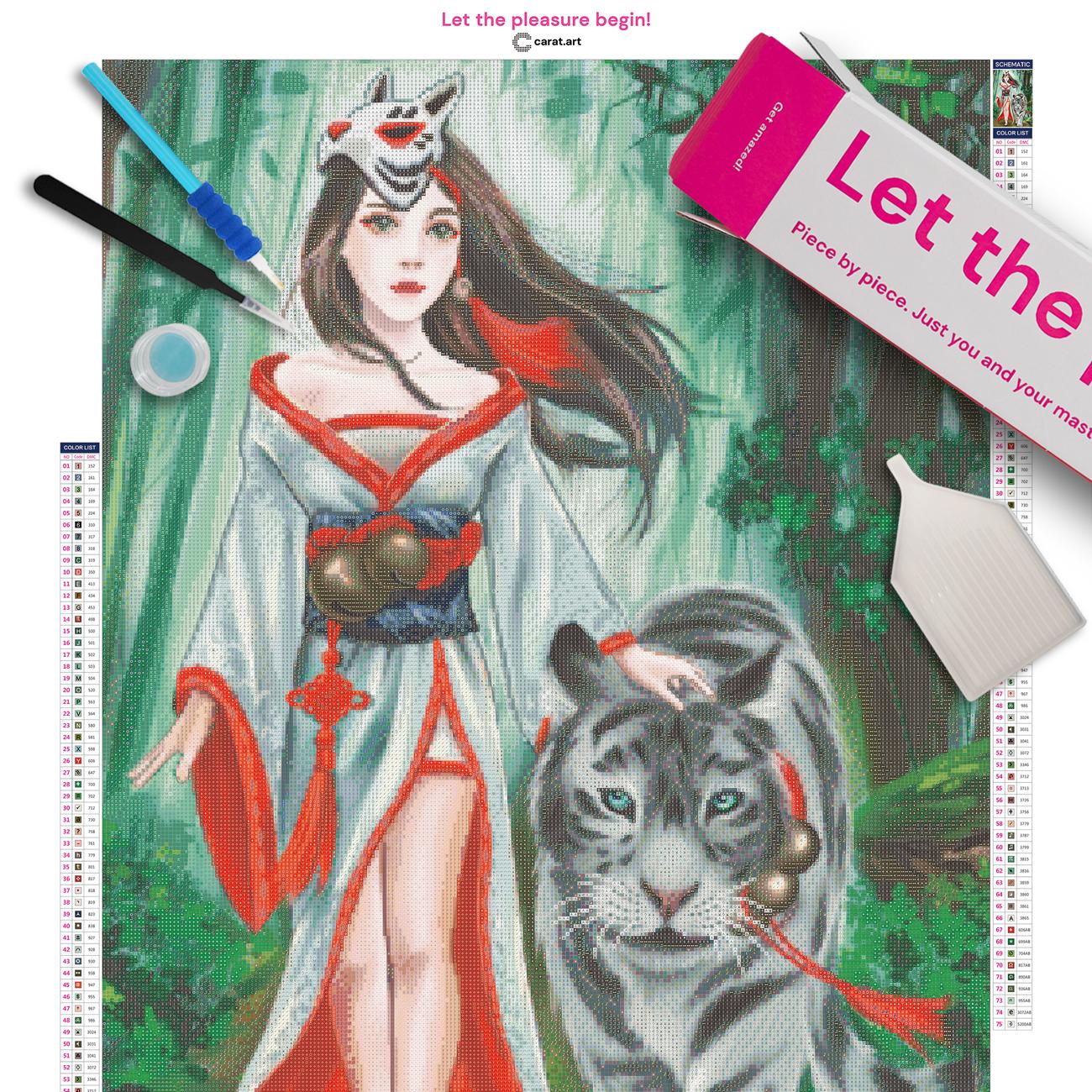 Diamond Painting Set mit Kimono Mädchen und Tiger Motiv inklusive Leinwand, Carat Art Karton und hochwertigem Zubehör
