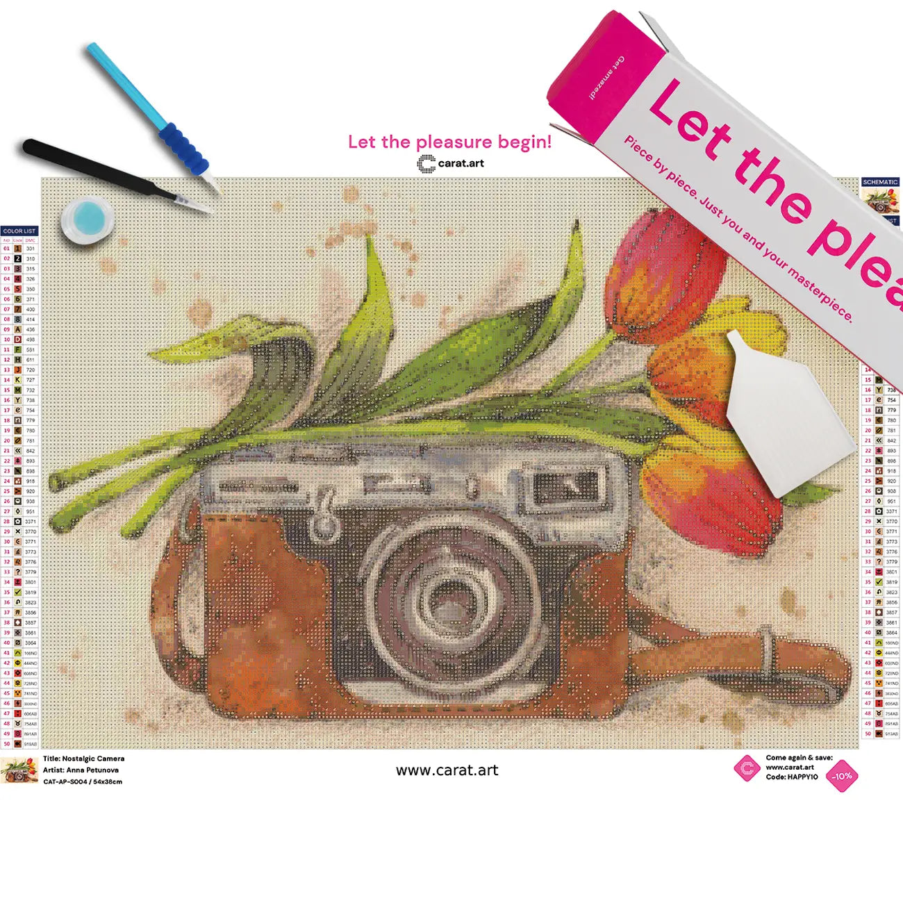 Diamond Painting Set von einem Kamera-Motiv mit Tulpen auf Leinwand mit Carat Art Box und Zubehör