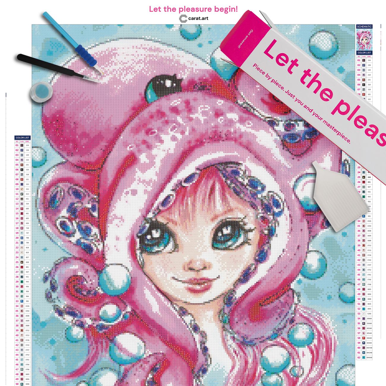 Komplettset für dein Diamond Painting Mädchen mit Oktopus Unterwassermotiv, Premium Leinwand und Diamond Painting Werkzeug
