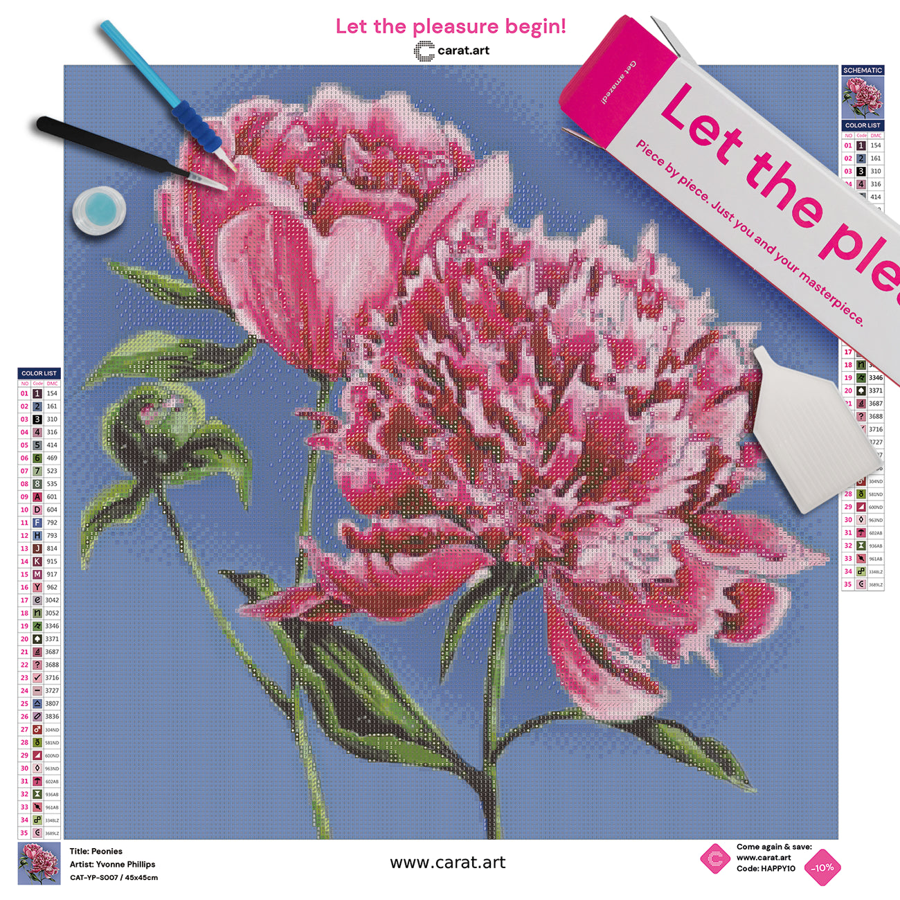 Diamond Painting Set mit rosafarbenen Pfingstrosen in unterschiedlichen Blühstadien vor blauem Hintergrund inklusive Leinwand, Diamond Painting Werkzeug und Carat Art Box