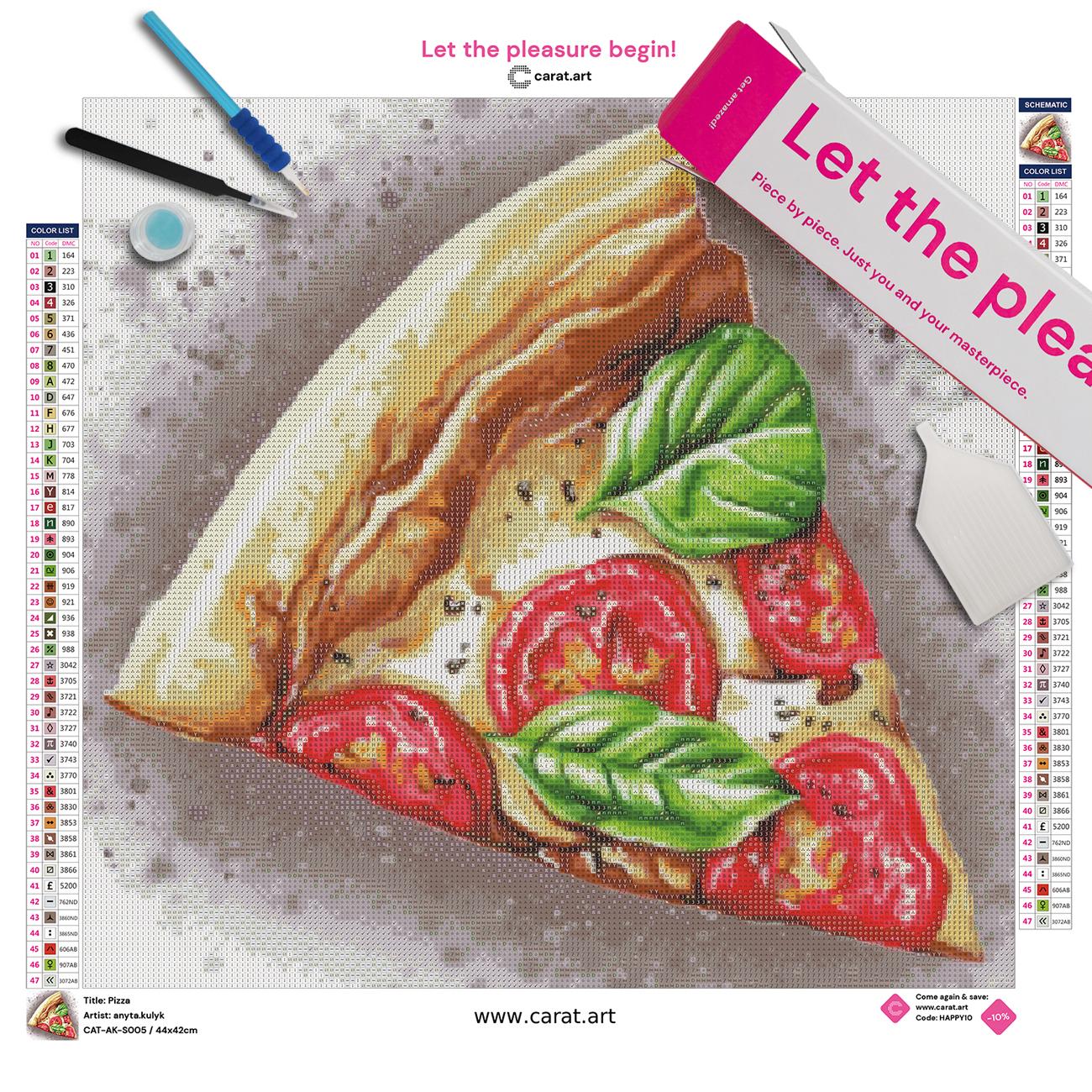 Diamond Painting Set mit appetitlichem Pizzamotiv, saftigen Tomaten und Basilikum inklusive Leinwand, Carat Art Karton und hochwertigem Zubehör