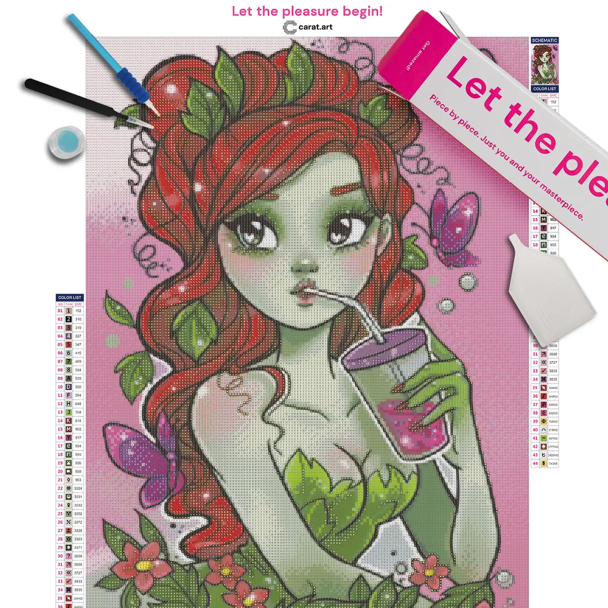 Premium Diamond Painting Set mit rothaariger Frau im Blätterkleid und Bubble Tea auf Leinwand mit Diamond Painting Zubehör und Carat Art Box
