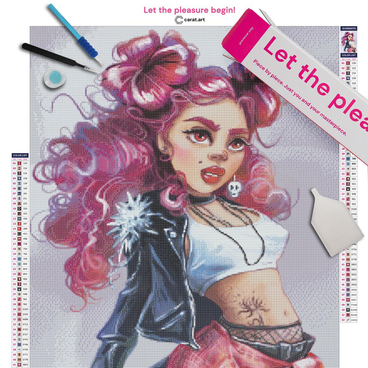 Diamond Painting Set mit Punk-Girl, pinkfarbenen Locken, Lederjacke, zerrissener Jeans und sichtbarem Bauchtattoo inklusive Leinwand, Carat Art Karton und hochwertigem Zubehör
