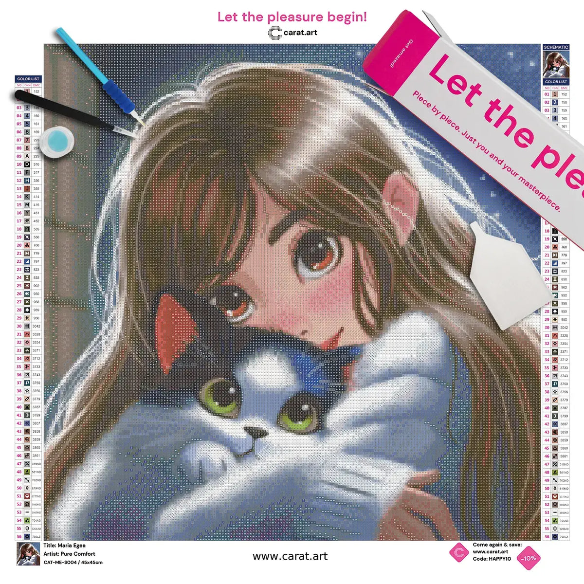 Diamond Painting Set mit Mädchen mit dunklen Haaren und kuscheligem Wollpullover, die mit ihrer Katze vor einem funkelnden Sternenhimmel kuschelt, inklusive Leinwand, Carat Art Karton und hochwertigem Zubehör