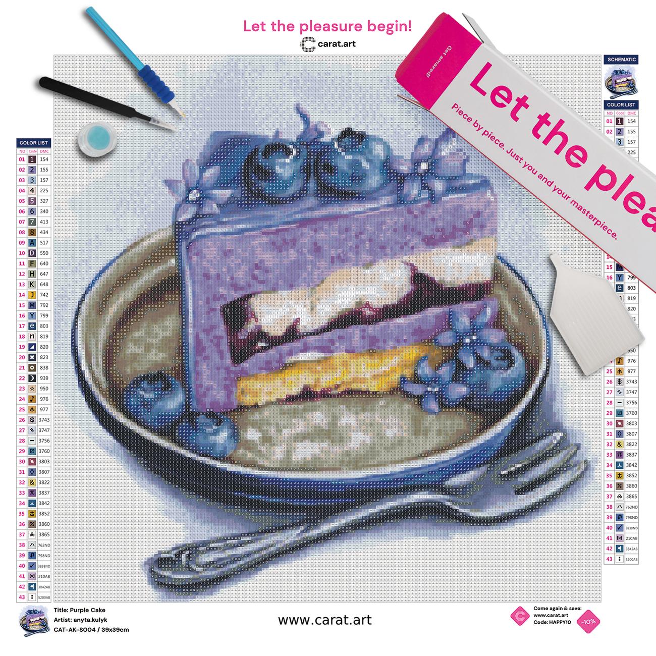Diamond Painting Set mit lila Torte, Blaubeeren und blauen Blüten inklusive Teller und Gabel sowie Leinwand, Carat Art Karton und hochwertigem Zubehör