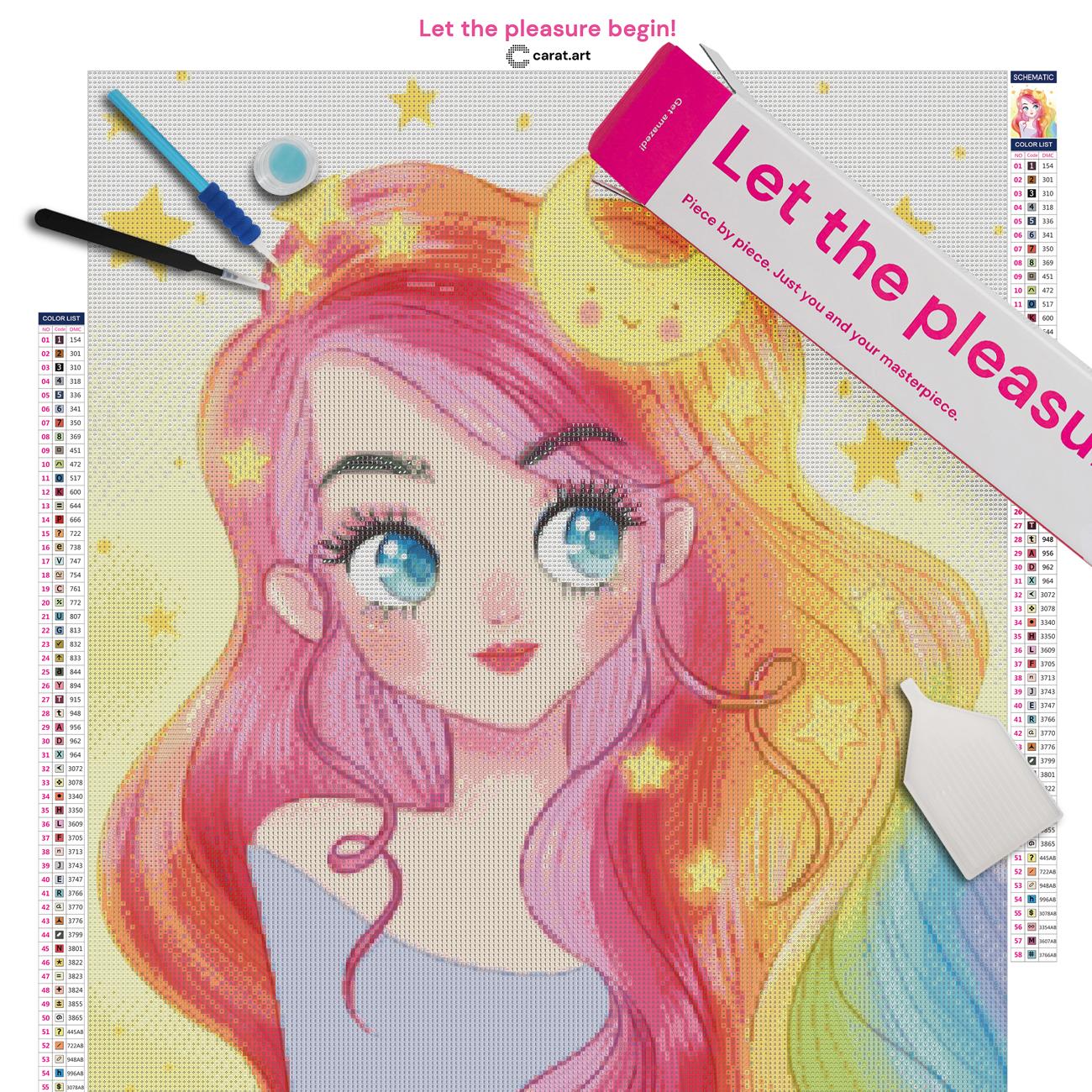 Diamond Painting Set mit Mädchenportrait, Regenbogenhaar, Mond und Sternen inklusive Leinwand, Carat Art Karton und hochwertigem Zubehör