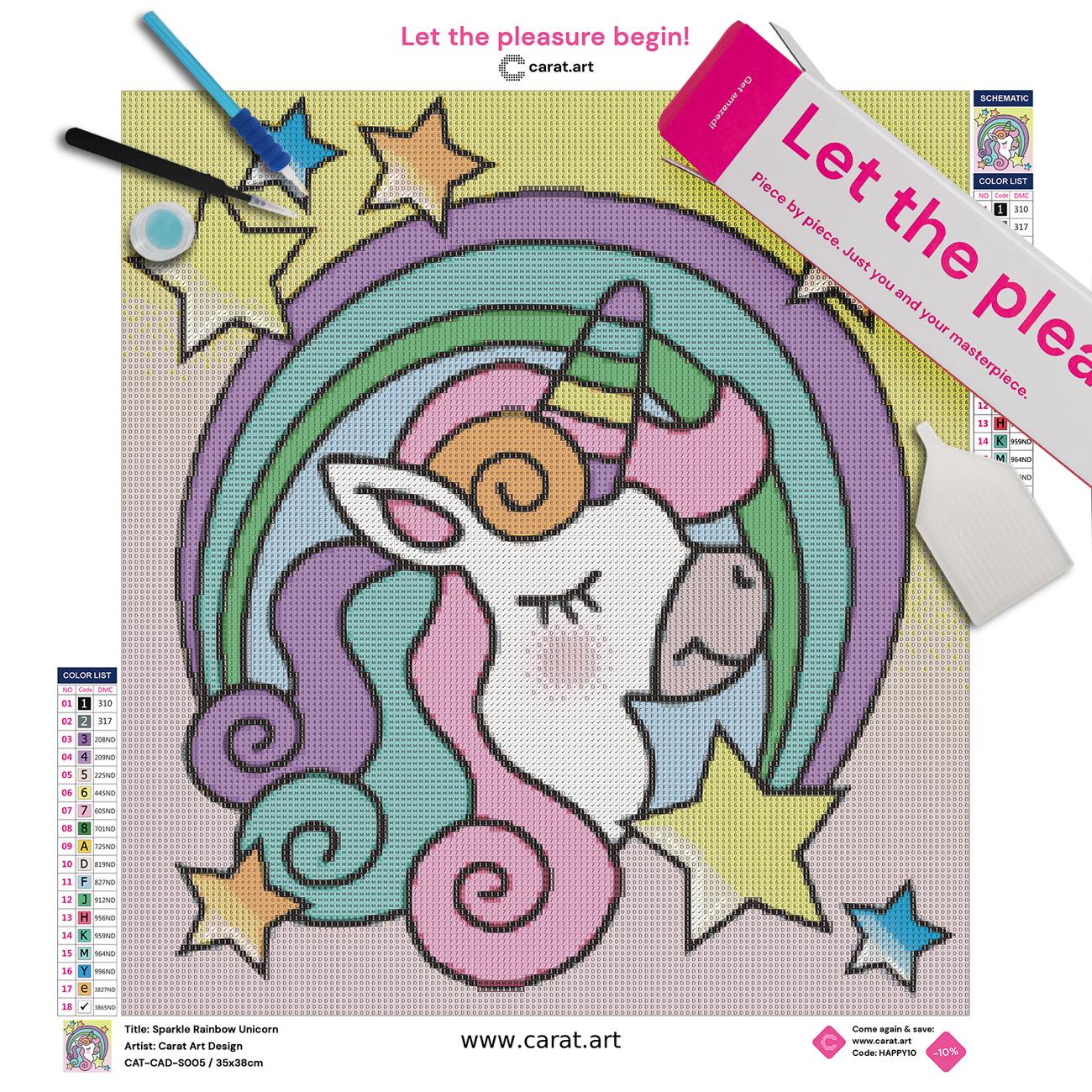 Diamond Painting Set mit Einhorn, Regenbogenhorn und farbenfroher Mähne inklusive Leinwand, Carat Art Karton und hochwertigem Zubehör