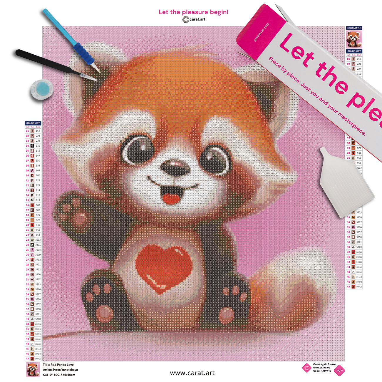 Diamond Painting Set mit rotem Panda Liebesmotiv inklusive Leinwand, Carat Art Karton und hochwertigem Zubehör