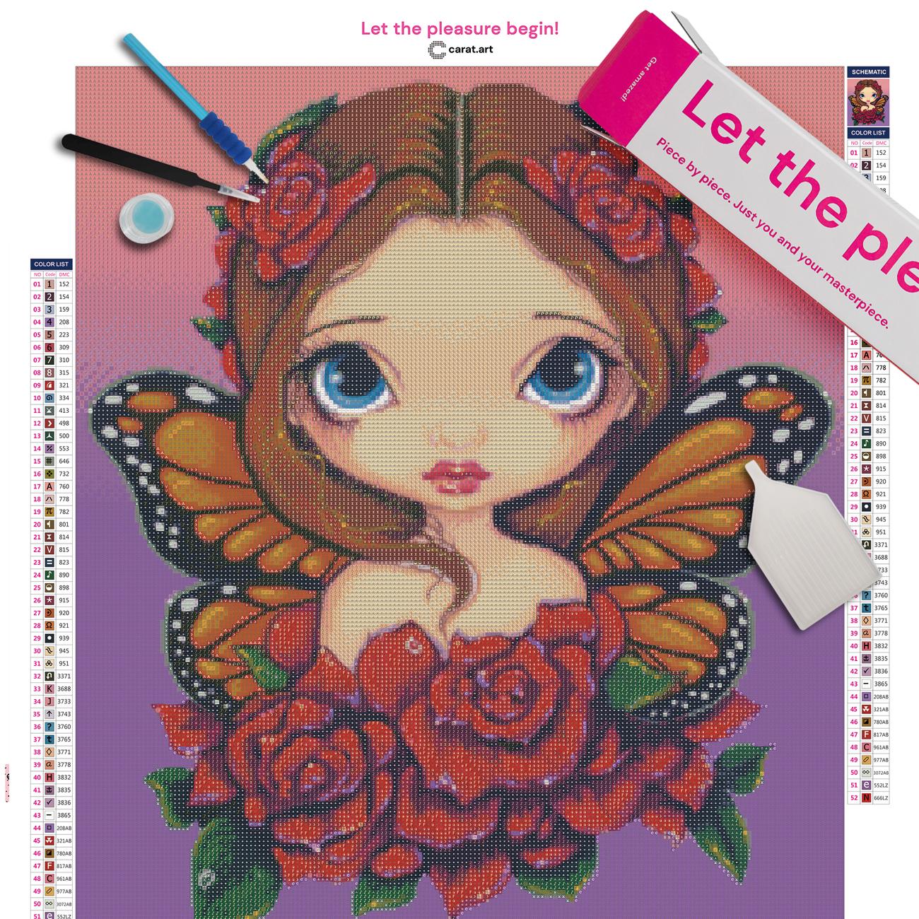 Premium Diamond Painting Bastelset mit Fee und Rosenmotiv inklusive Leinwand, Carat Art Karton und hochwertigem Zubehör