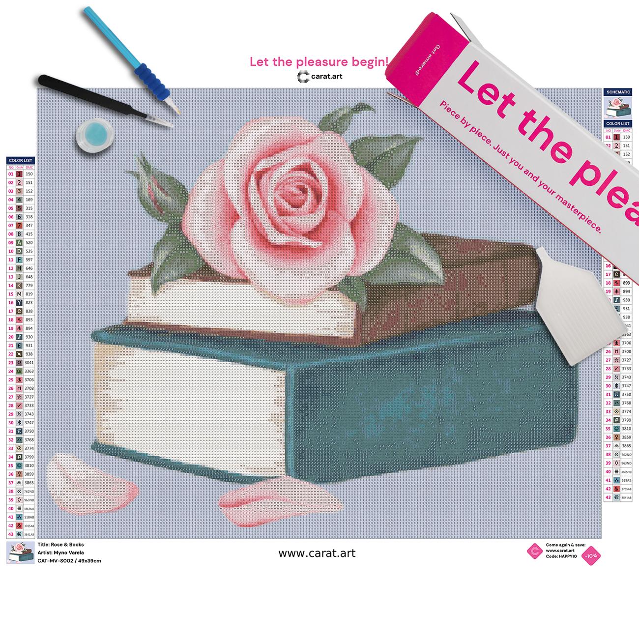 Diamond Painting Set mit Rose und nostalgischem Bücher Motiv inklusive Leinwand, Carat Art Karton und hochwertigem Zubehör