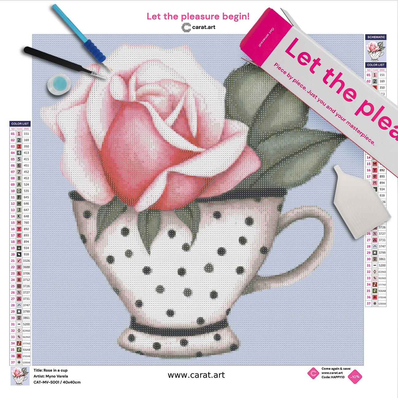 Diamond Painting Set mit Rose in einer Tasse inklusive Leinwand, Carat Art Karton und hochwertigem Zubehör