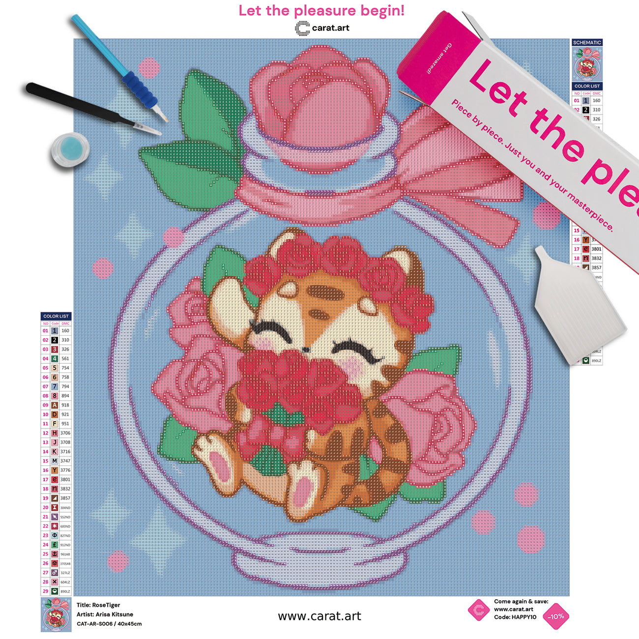 Diamond Painting Komplett-Set mit kleinem Tiger, Rosenkranz, Rosenstrauß und dekorativem Glasflakon inklusive Leinwand, Diamond Painting Zubehör und Carat Art Karton