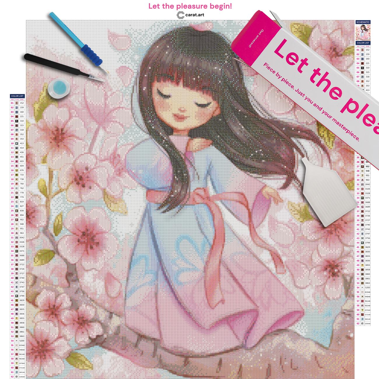 Diamond Painting Set mit japanischer Tänzerin auf einem Kirschbaum-Ast und blühenden Sakura-Zweigen inklusive Leinwand, Carat Art Karton und hochwertigem Zubehör