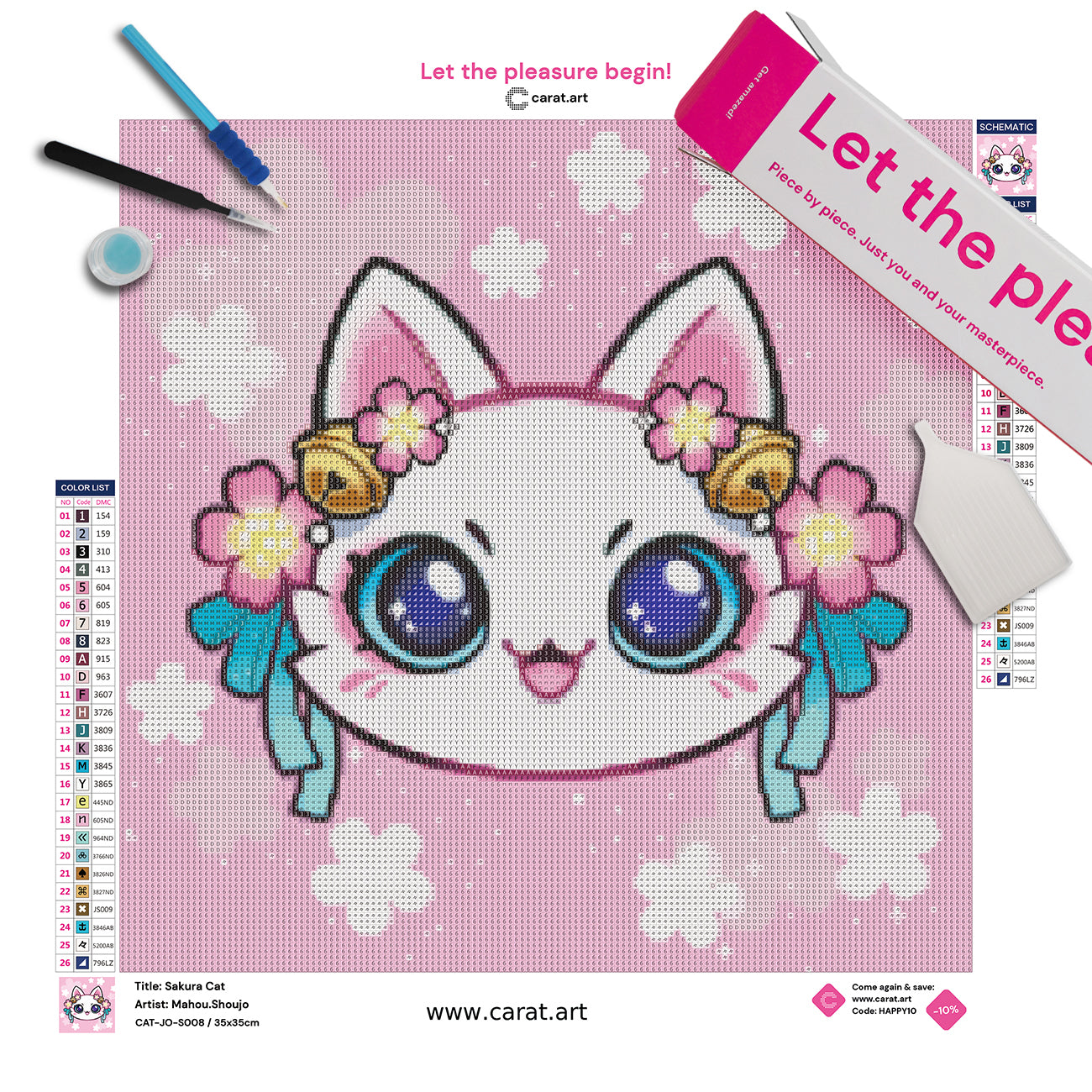 Diamond Painting Set mit Kawaii Sakura Katzenmotiv inklusive Leinwand, Carat Art Karton und hochwertigem Zubehör