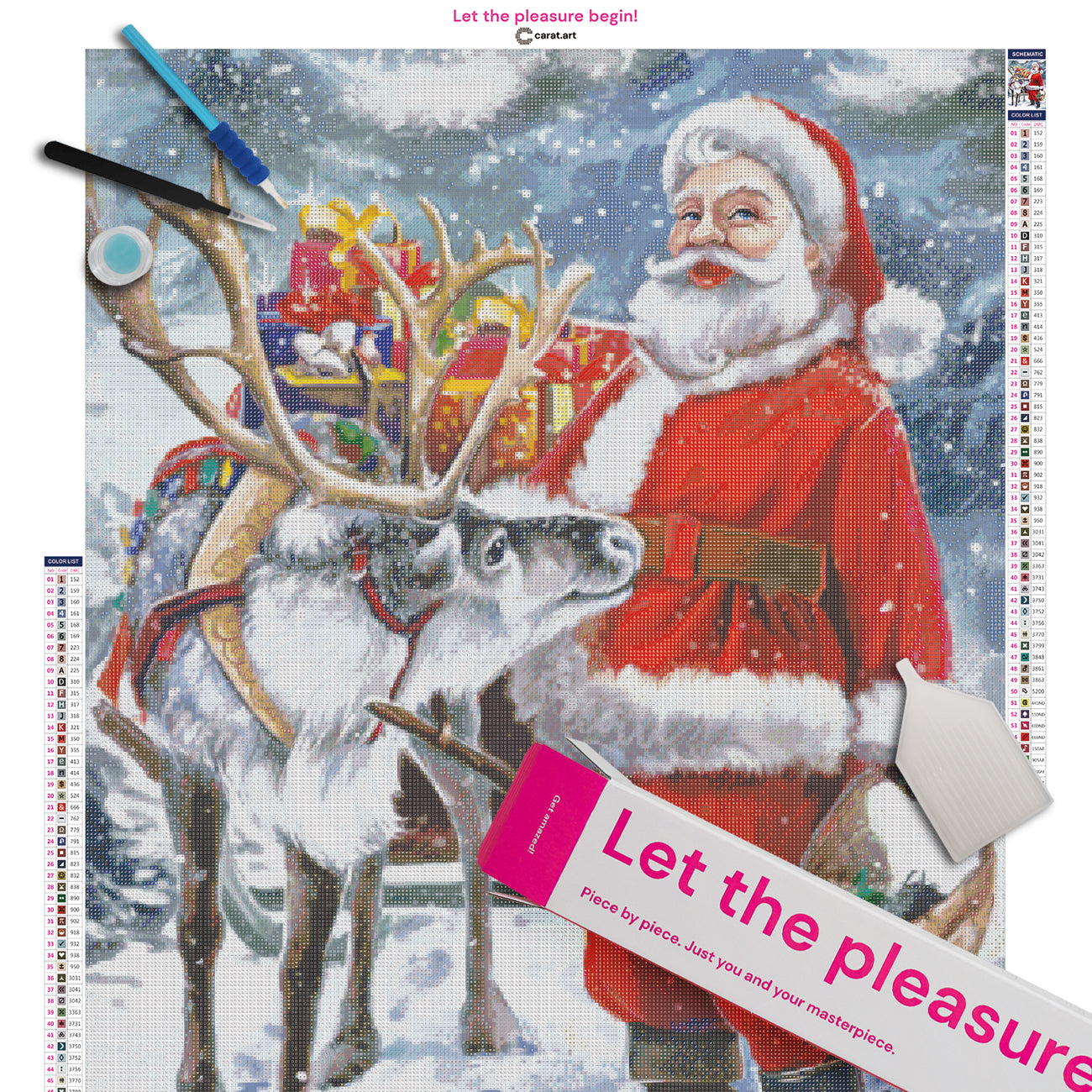 Komplettset für dein Diamond Painting Weihnachtsmann in verschneiter Landschaft Motiv mit Premium Leinwand und Diamond Painting Werkzeug