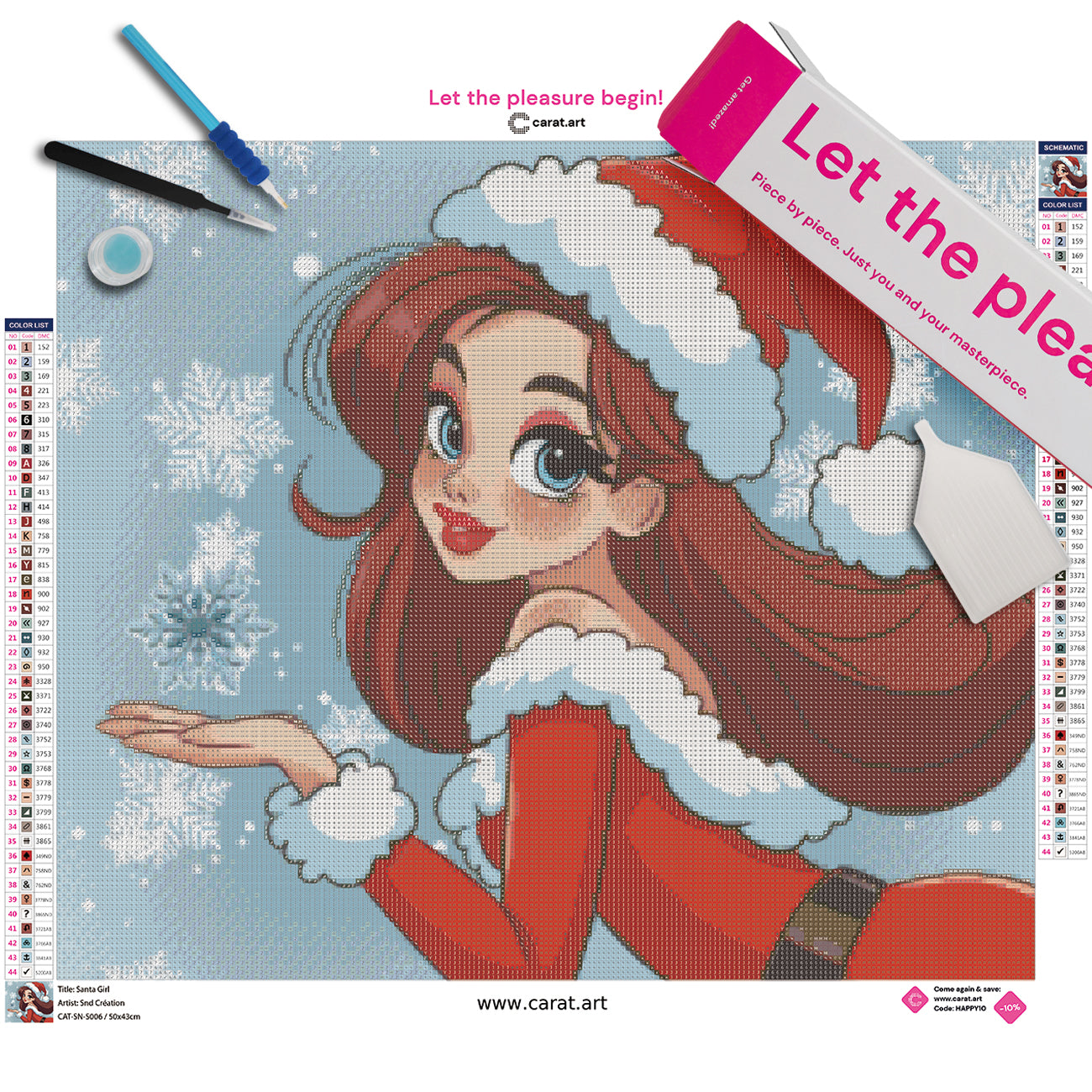 Diamond Painting Set mit Weihnachtsmädchen Motiv, Schneekristallen und Winterdesign inklusive Leinwand, Carat Art Karton und Zubehör