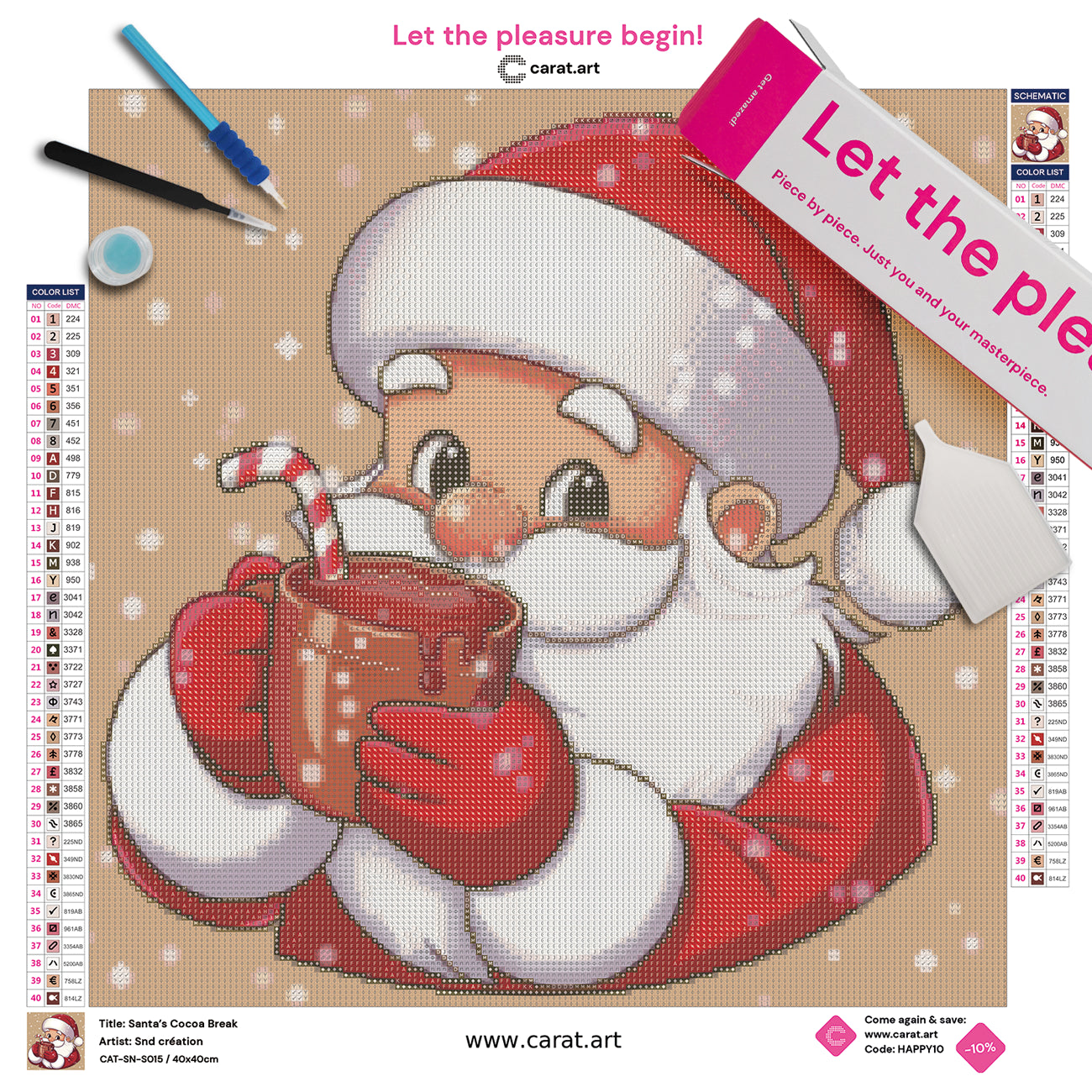 Diamond Painting Set mit niedlichem Weihnachtsmann, der einen Schluck aus einer Tasse heißer Schokolade mit Zuckerstange trinkt, umgeben von Schneeflocken inklusive Leinwand, Carat Art Karton und hochwertigem Zubehör