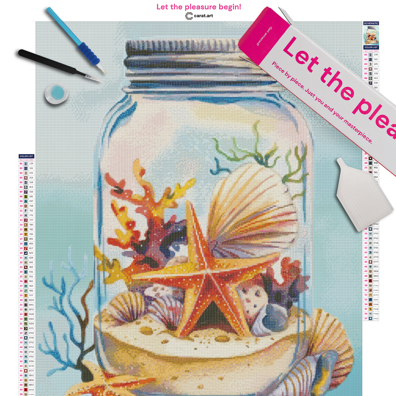 Diamond Painting Set mit Seestern, Muscheln und Korallen in einem dekorativen Glasgefäß auf Leinwand mit Diamond Painting Werkzeug und Carat Art Box
