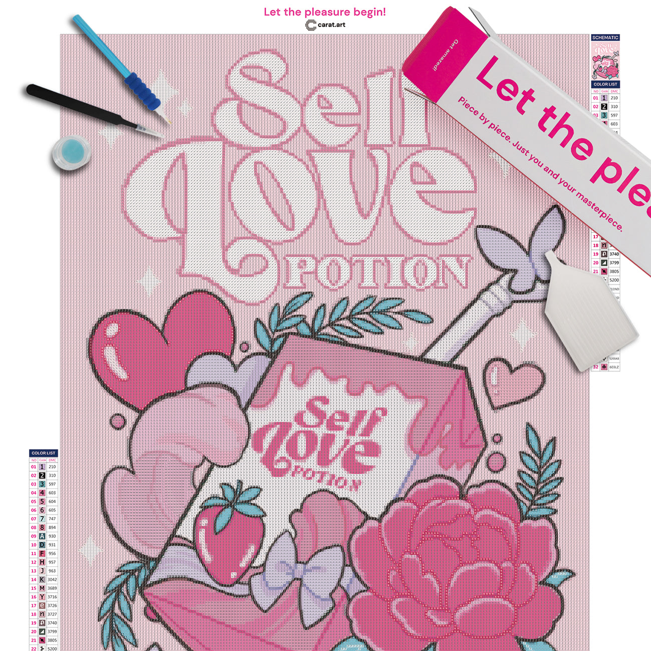 Diamond Painting Set mit Self Love Potion und Saftkarton Motiv inklusive Leinwand, Carat Art Karton und hochwertigem Zubehör