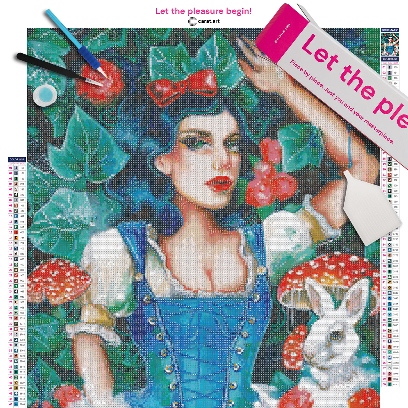 Diamond Painting Set mit Schneewittchen im blauen Mieder und rotem Apfel, umgeben von Rosen, giftigen Pilzen, Laub und einem kleinen Kaninchen inklusive Leinwand, Carat Art Karton und hochwertigem Zubehör