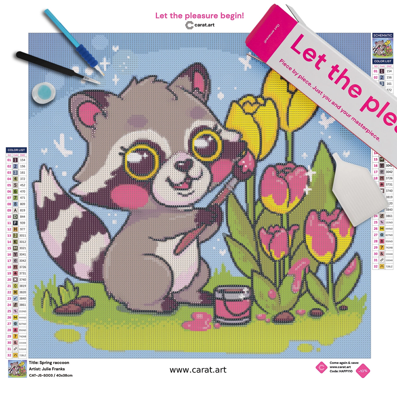 Diamond Painting Set mit Waschbär, Tulpen und Frühlingsmotiv inklusive Leinwand, Carat Art Karton und hochwertigem Zubehör