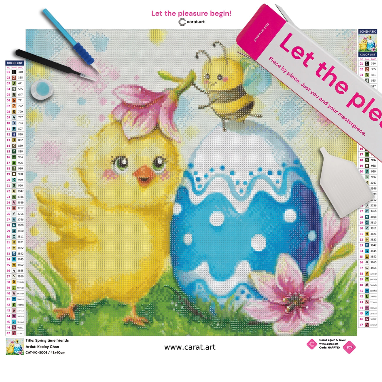 Diamond Painting Set mit Küken, Biene, buntem Osterei und Frühlingsblumen inklusive Leinwand, Carat Art Karton und hochwertigem Zubehör