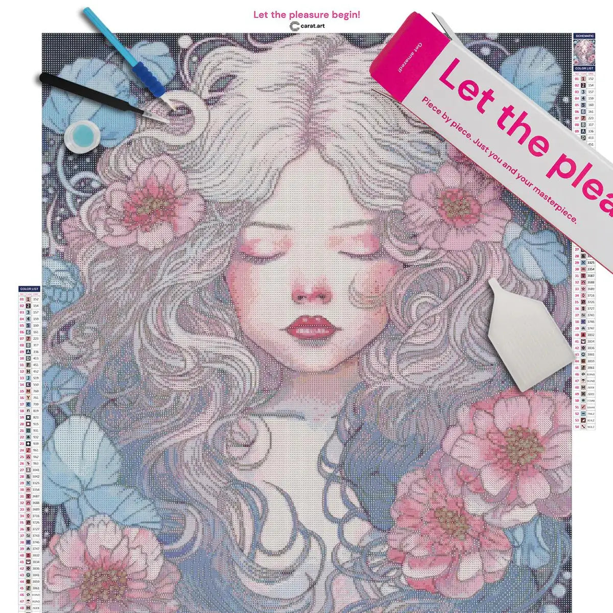 Premium Diamond Painting Set mit liegendem Mädchen und von rosa Blüten und Blättern geschmückten Haaren auf Leinwand mit Diamond Painting Zubehör und Carat Art Karton