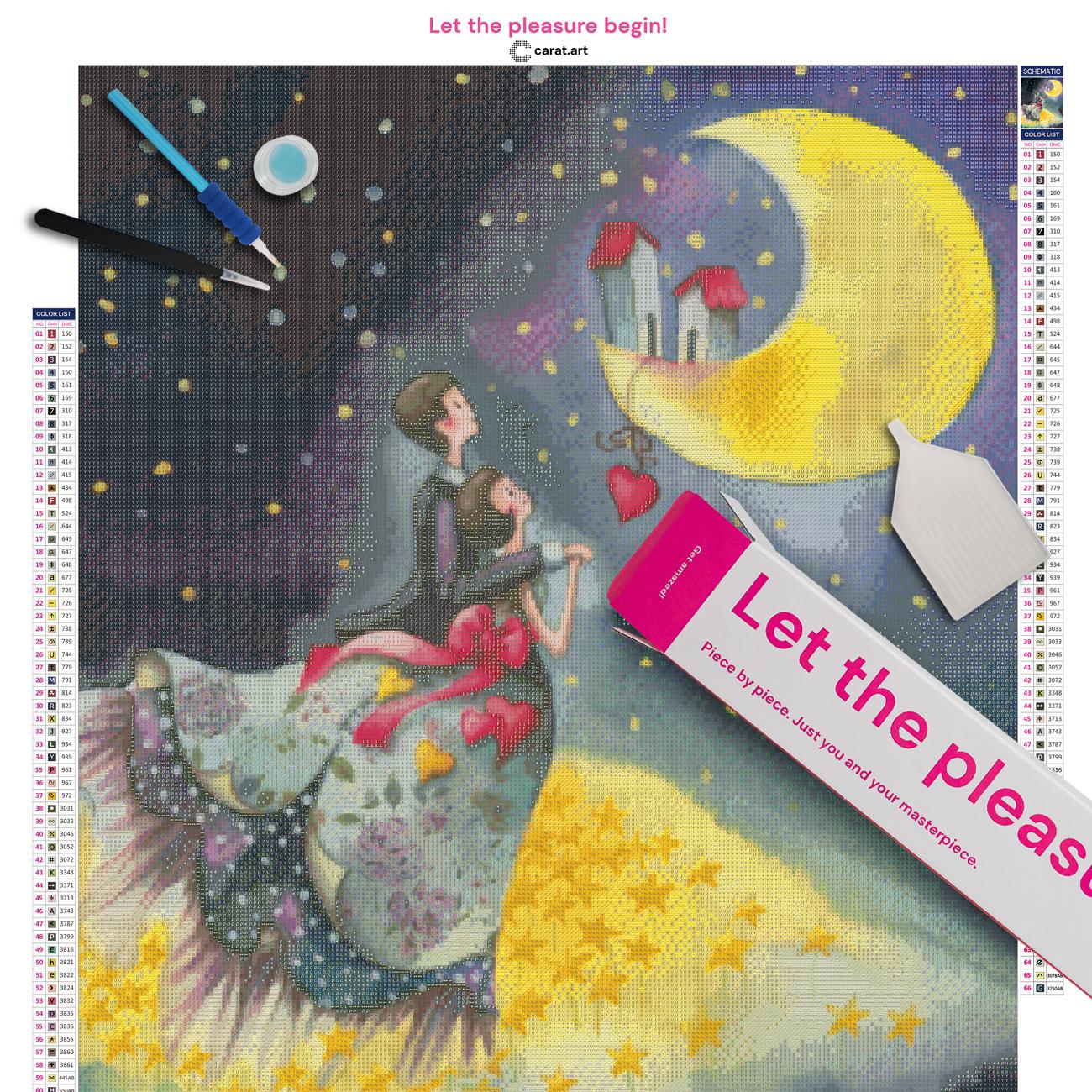 Diamond Painting Set mit romantischem Sternenhimmel und verliebtem Paar inklusive Leinwand, Carat Art Karton und hochwertigem Zubehör