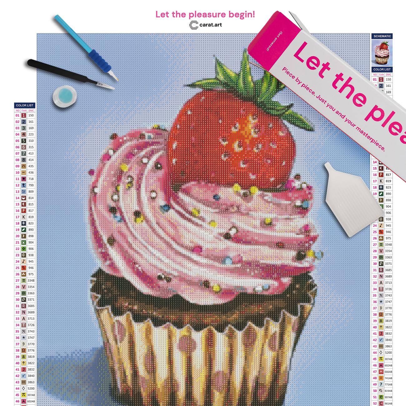 Premium Diamond Painting Set mit Erdbeer Cupcake, Leinwand und hochwertigem Zubehör