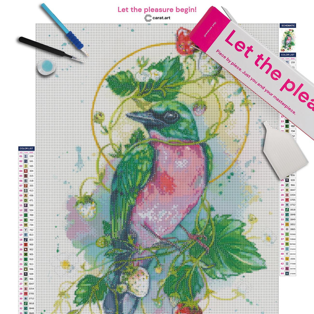 Premium Diamond Painting Set mit Vogel, Erdbeeren und Blüten inklusive Leinwand, Carat Art Karton und Zubehör
